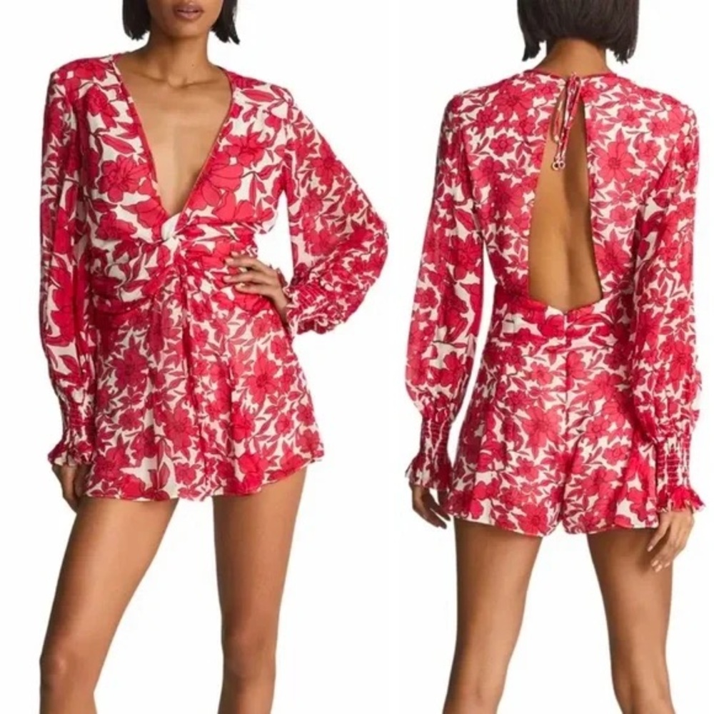 Reiss Melina Red Floral Romper Long Sleeve Plunge Size 10